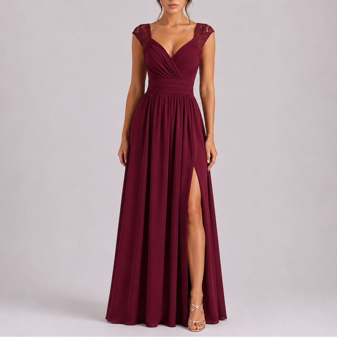 Women’s Elegant Lace Shoulder Maxi Dress with Side Slit