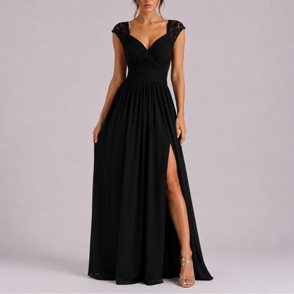 Women’s Elegant Lace Shoulder Maxi Dress with Side Slit