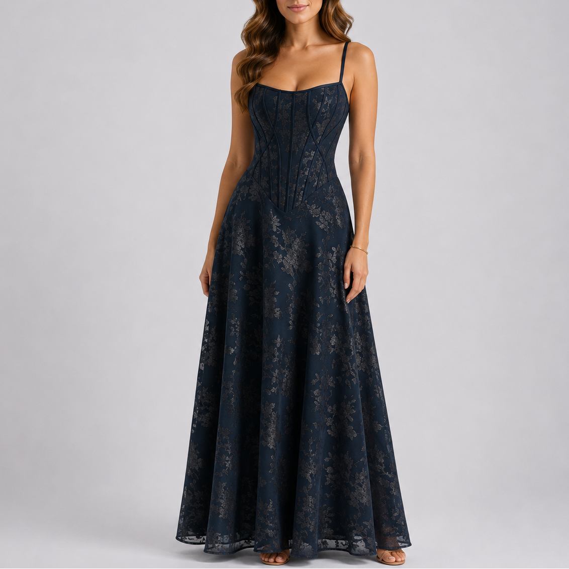Floral Embroidered Corset Maxi Dress